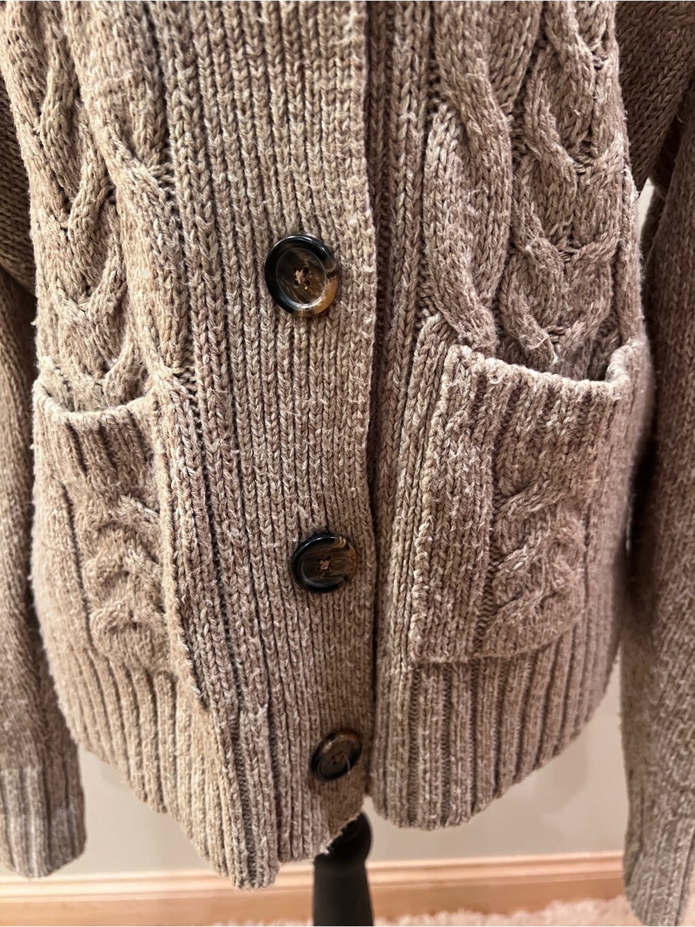 Women’s Cozy Cable Knit Tan Button Cardigan Shawl Collar Preppy Grandmacore XL - Picture 3 of 16